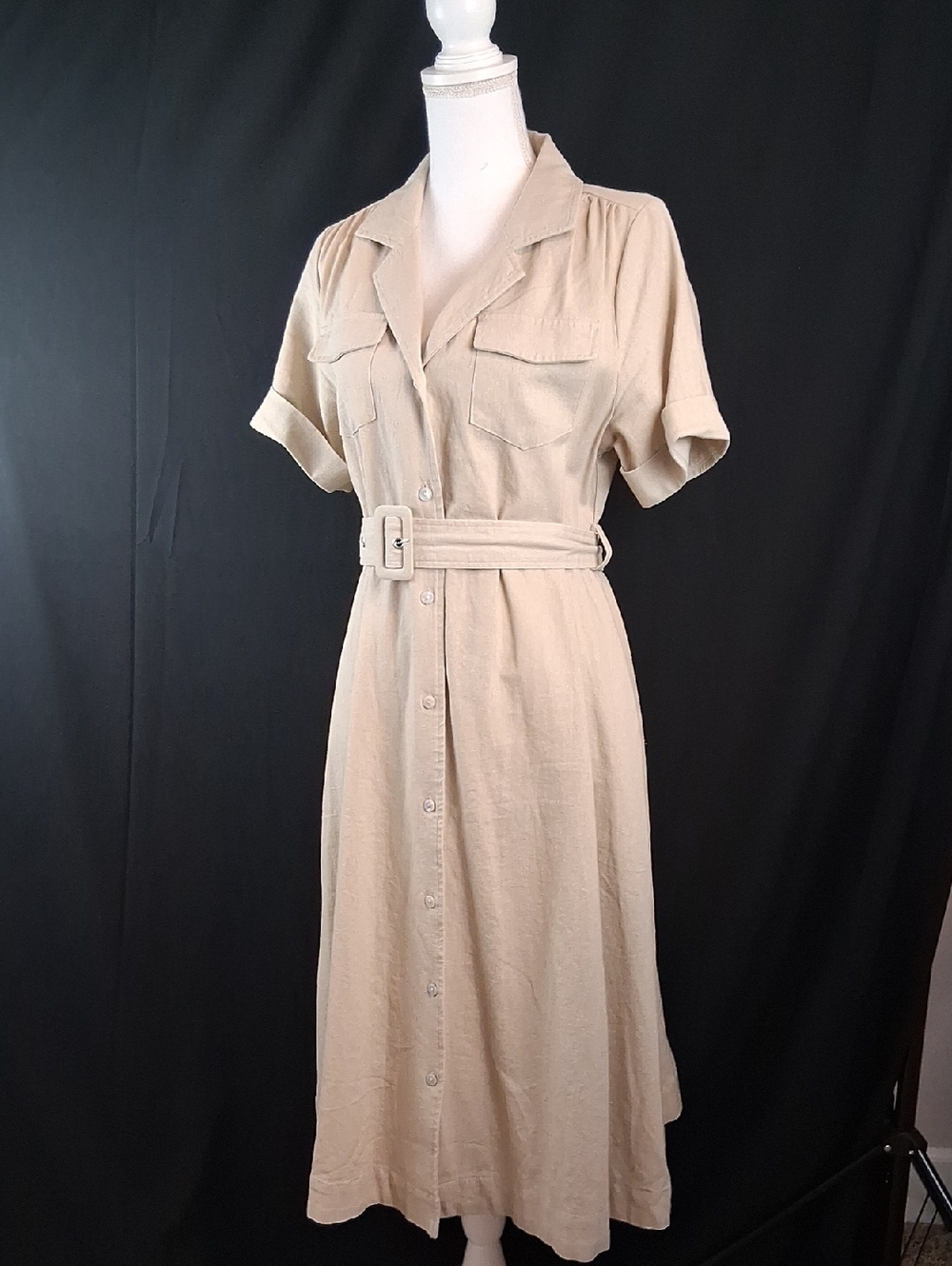 M Midi Linen Safari dress Fit & Flare beige Belted Short Sleeves Casual Summer